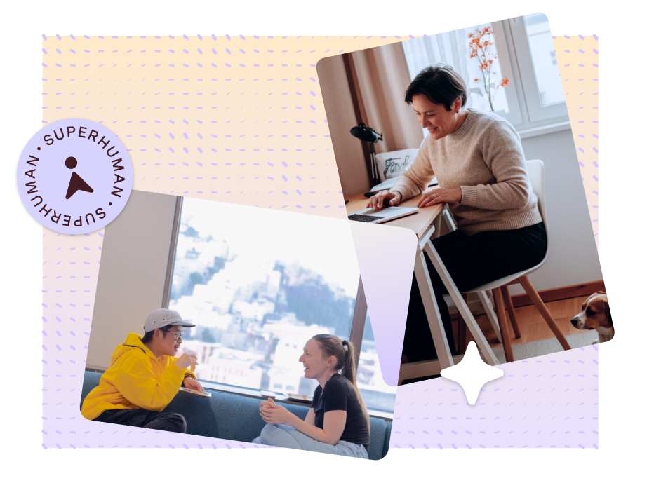 2 people talking _ 1 person WFH _ Superhuman sticker