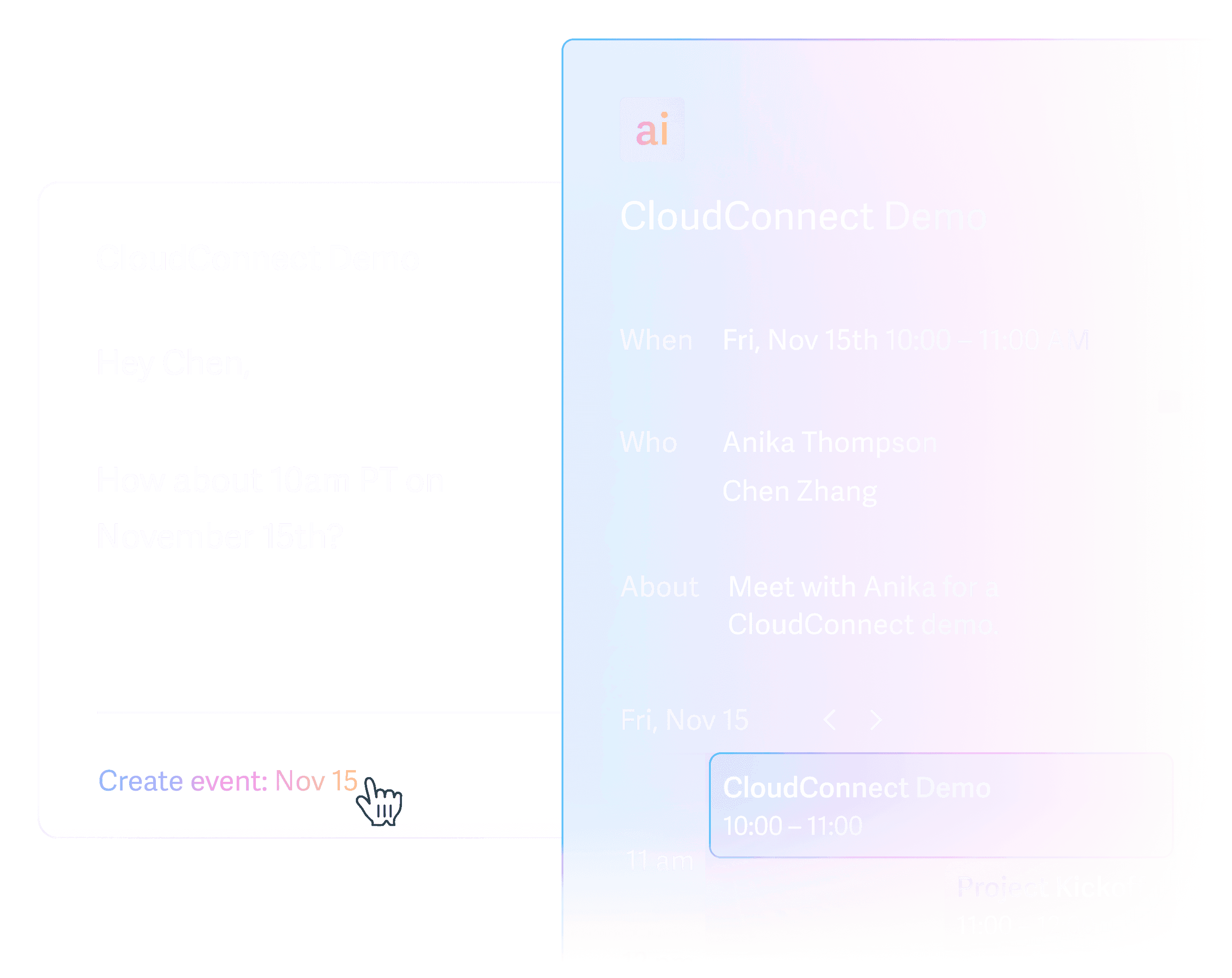 An image of an email message next to a new calendar event being created with the title: CloudConnect Demo, scheduled from 10:00 to 11:00AM