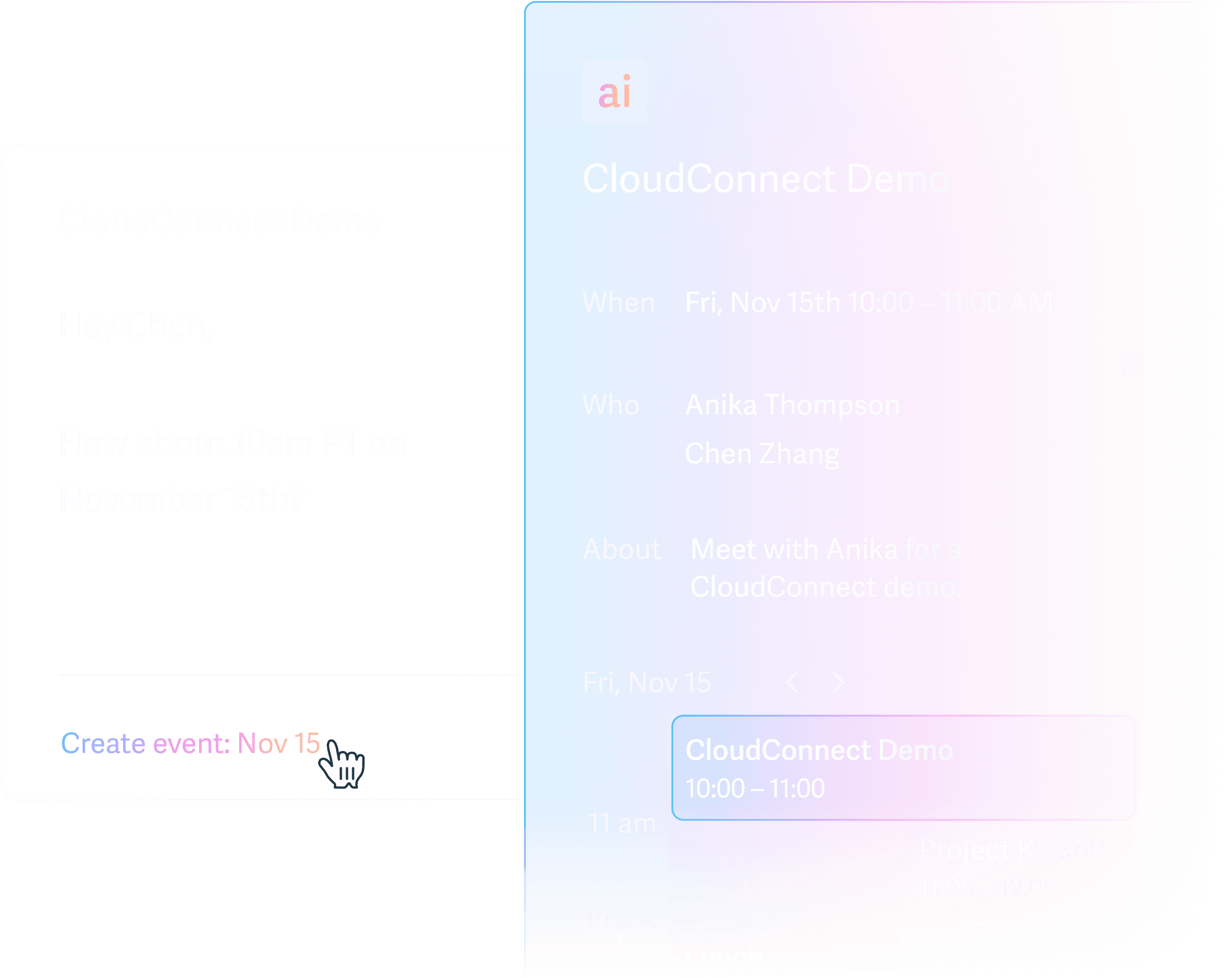 An image of an email message next to a new calendar event being created with the title: Board Meeting Prep, scheduled from 10:00 to 11:00AM