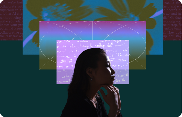 Person with hands under chin looking to the right